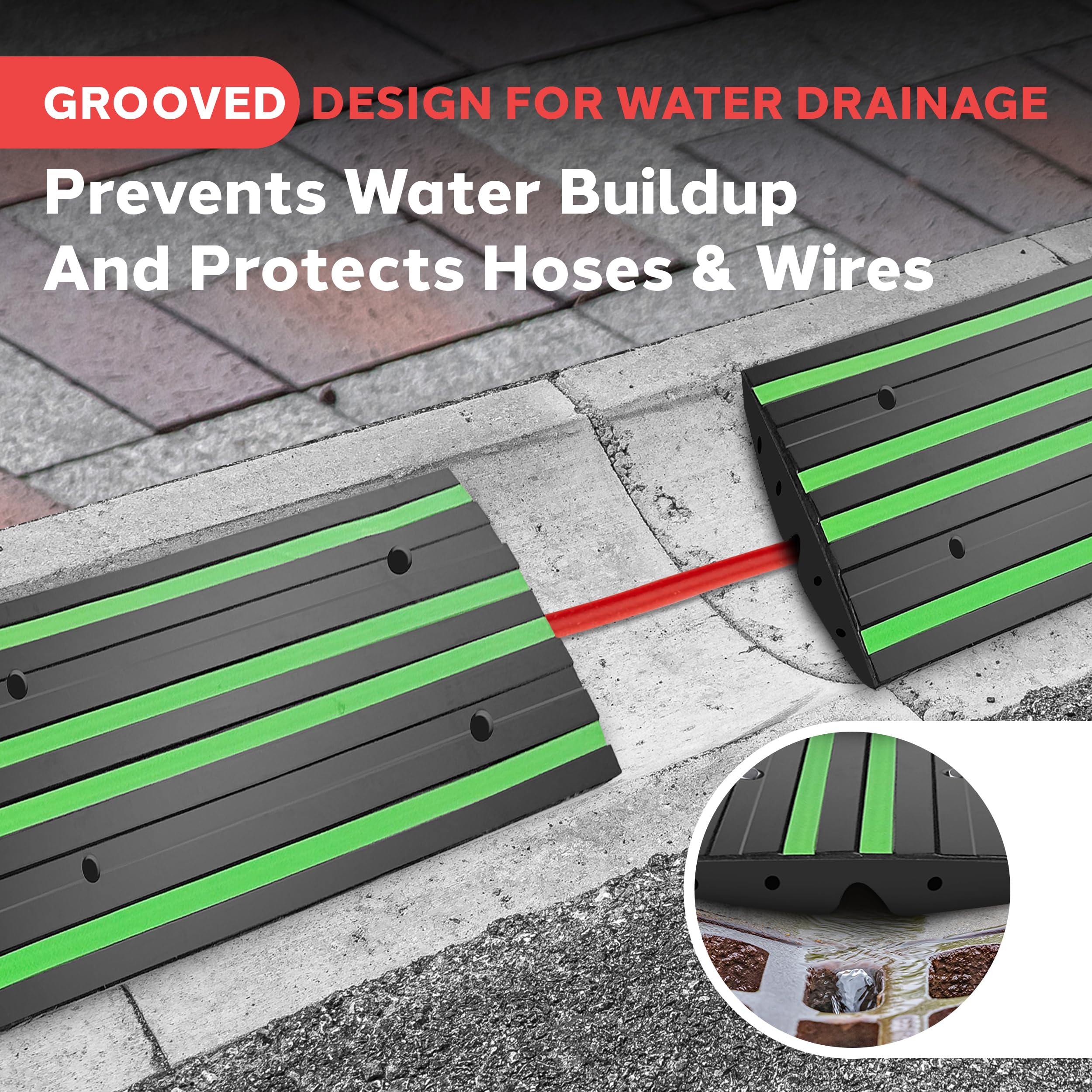 GROOVED DESIGN FOR WATER DRAINAGE  
Prevents Water Buildup And Protects Hoses & Wires