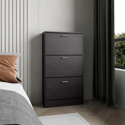 Front. Loheer - Loheer Black Pull Down Shoe Rack, Slim Entryway Shoe Storage, MDF Cabinet - Black.