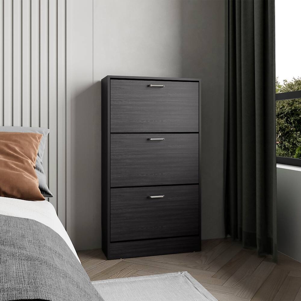 Front. Loheer - Loheer Black Pull Down Shoe Rack, Slim Entryway Shoe Storage, MDF Cabinet - Black.