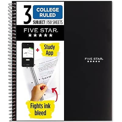 Five Star - 3-Subject Wirebound Notebook, 8-1/2" x 11", College Ruled, 150 Sheets - Black