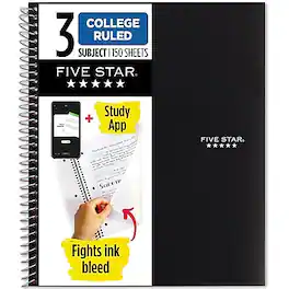 Five Star - 3-Subject Wirebound Notebook, 8-1/2" x 11", College Ruled, 150 Sheets, (72069) - Black