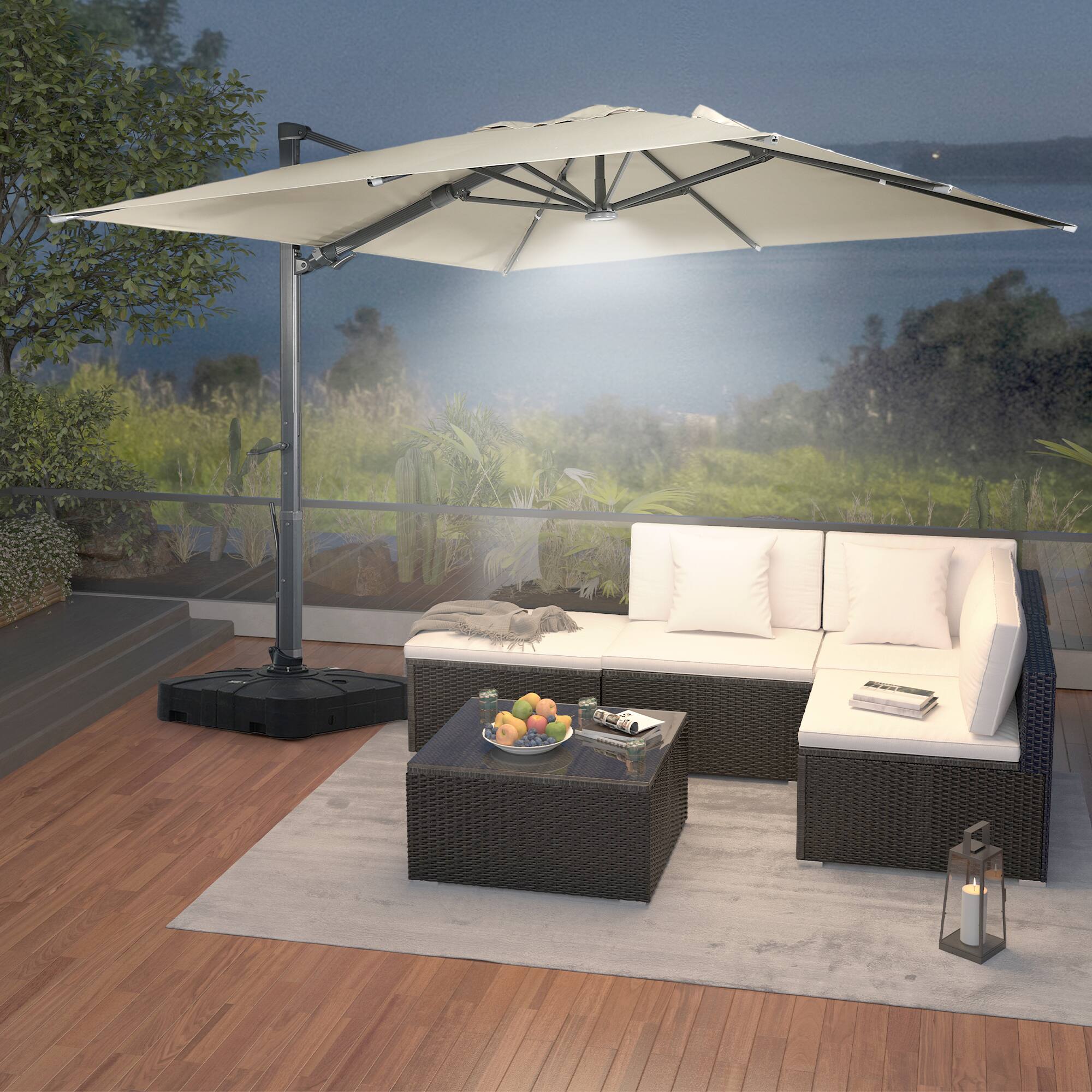 Back. Mondawe - 10x10ft Patio Cantilever Umbrella Square Large Offset Sun Umbrella with LED Light Panel - Tan.