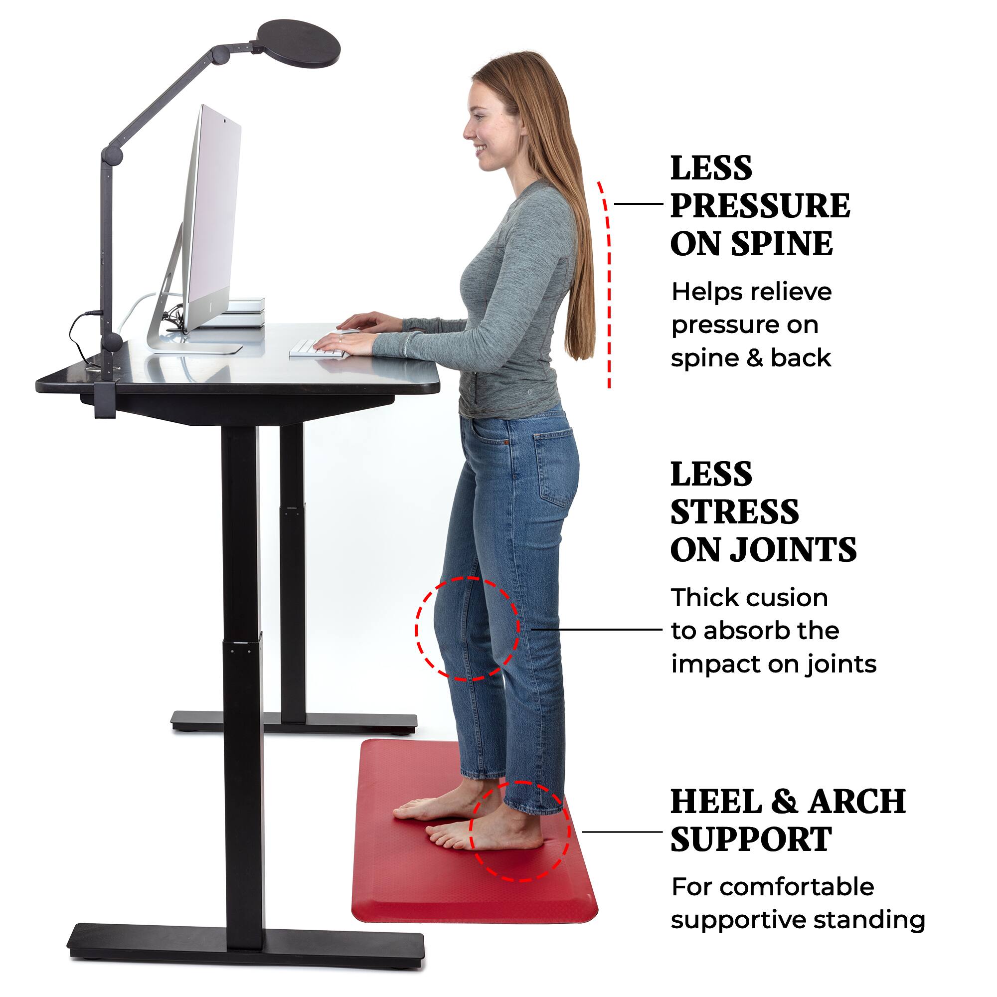 - LESS PRESSURE ON SPINE: Helps relieve pressure on spine & back
- LESS STRESS ON JOINTS: Thick cushion to absorb the impact on joints
- HEEL & ARCH SUPPORT: For comfortable supportive standing