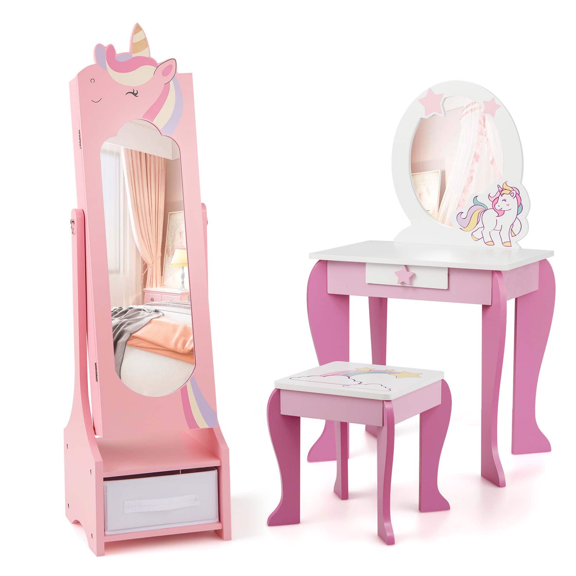 Costway - Kids Vanity Set Princess Makeup Dressing Table & Chair Set with Kids Jewelry Armoire - Pink price history on PriceWatchPro