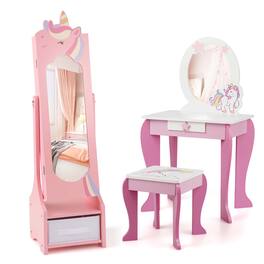 Costway - Kids Vanity Set Princess Makeup Dressing Table & Chair Set with Kids Jewelry Armoire - Pink