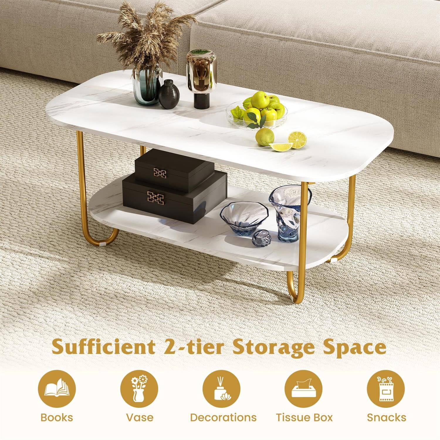 Sufficient 2-tier Storage Space

- Books
- Vase
- Decorations
- Tissue Box
- Snacks