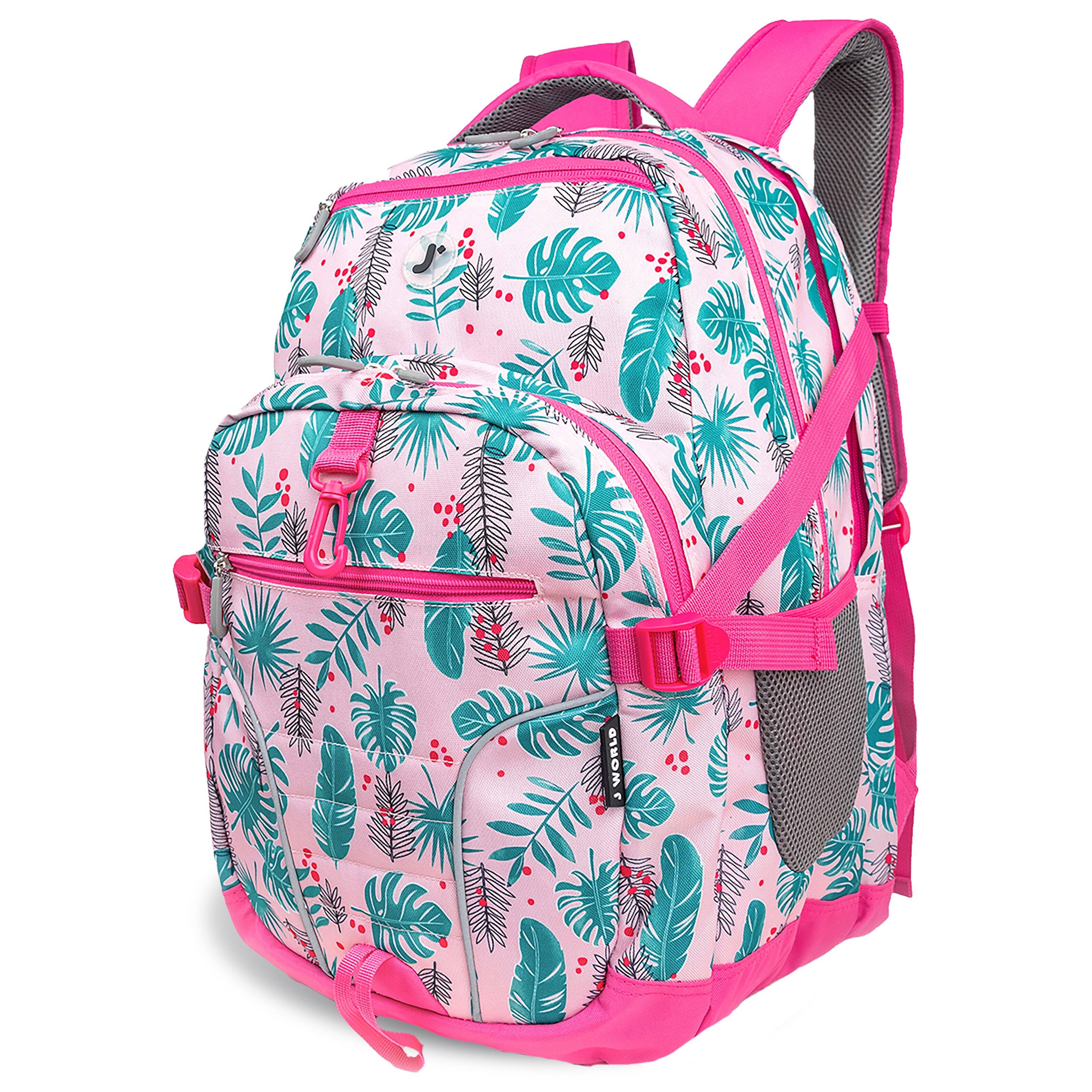 Angle. J World - J World Girls Atom 18.5" Multi-Compartment Laptop Backpack for School and Travel, Palm Leaves - PALM LEAVES.