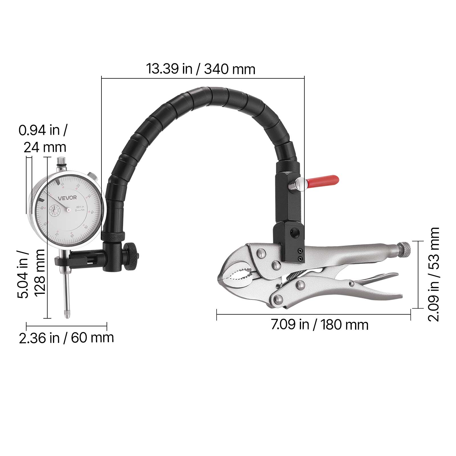 13.39 in / 340 mm  
0.94 in / 24 mm  
5.04 in / 128 mm  
2.36 in / 60 mm  
7.09 in / 180 mm  
2.09 in / 53 mm