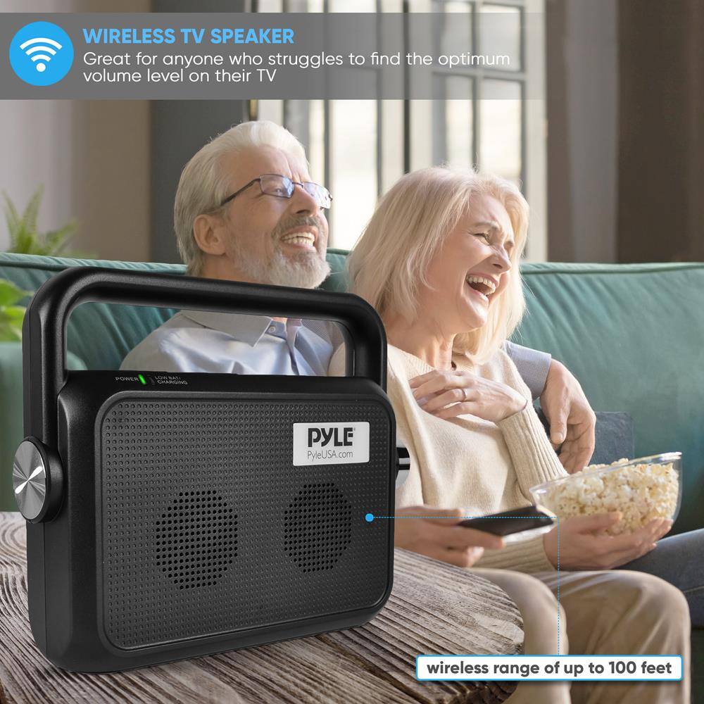 WIRELESS TV SPEAKER  
Great for anyone who struggles to find the optimum volume level on their TV  

PYLE  
PyleUSA.com  

wireless range of up to 100 feet