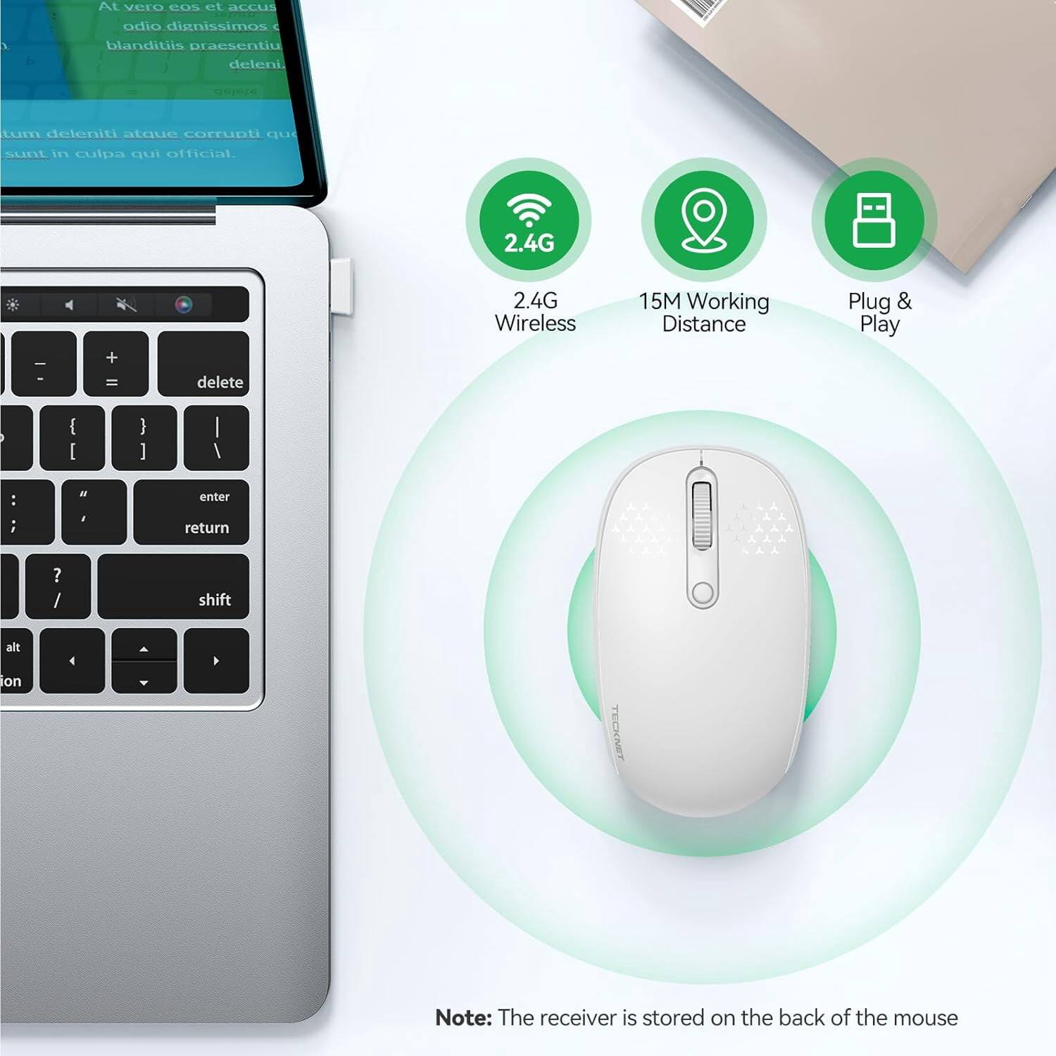 At vero eos et accus
b
odio dignissimos ( blanditiis praesentiu deleni.
tum deleniti atque corrupti qu sunt in culpa qui official.
2.4G
-
+ =
delete
2.4G Wireless
15M Working Distance
Plug & Play
{ [
} ]
:
"
enter
;
,
return
? /
shift
alt

on
Note: The receiver is stored on the back of the mouse