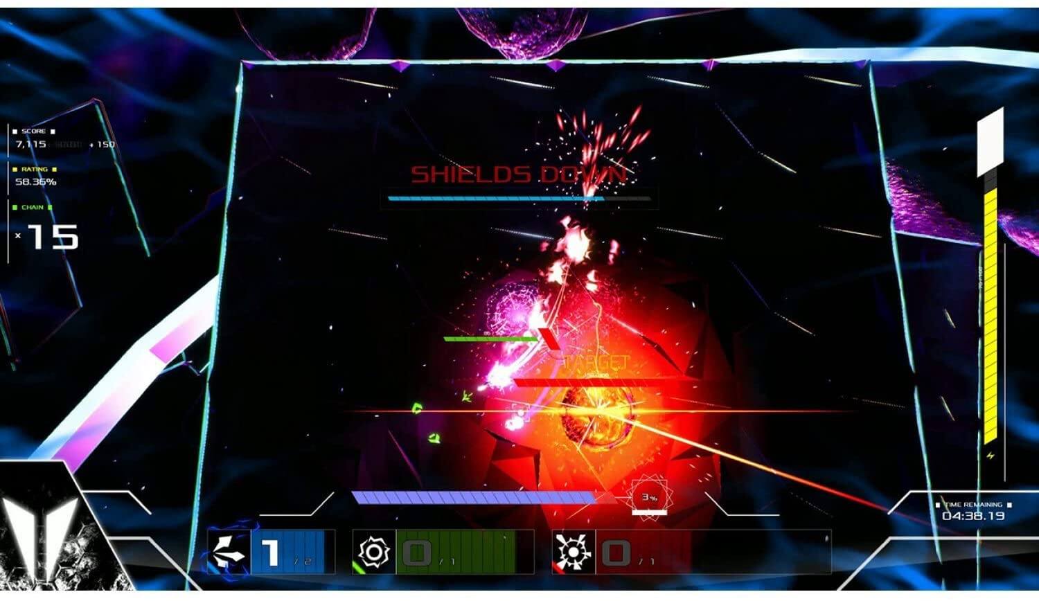 SCORE 7,115  
RATING 58.36%  
CHAIN x 15  
SHIELDS DOWN  
TARGET 1/2  
TIME REMAINING 04:38.19  
3%