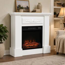 RYHNUYNE - 32-Inch Electric Fireplace with Mantel, Freestanding Heater with Realistic LED Log Flame, 1400W, Overheat Protection - White