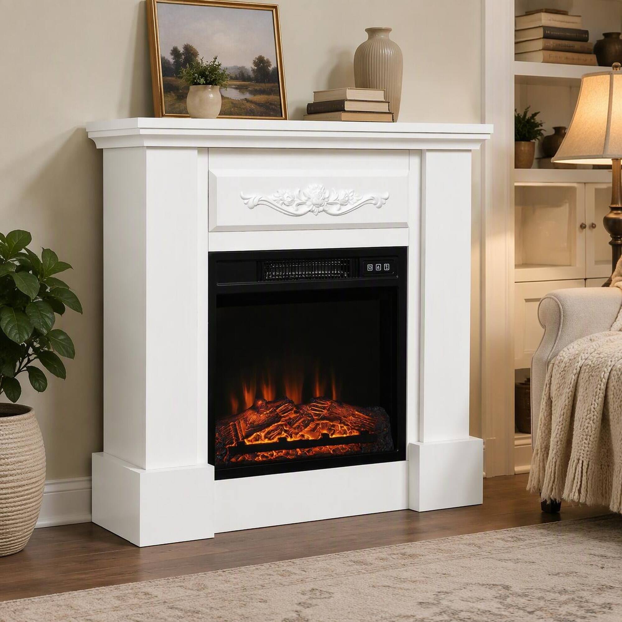 Front. RYHNUYNE - 32-Inch Electric Fireplace with Mantel, Freestanding Heater with Realistic LED Log Flame, 1400W, Overheat Protection - White.