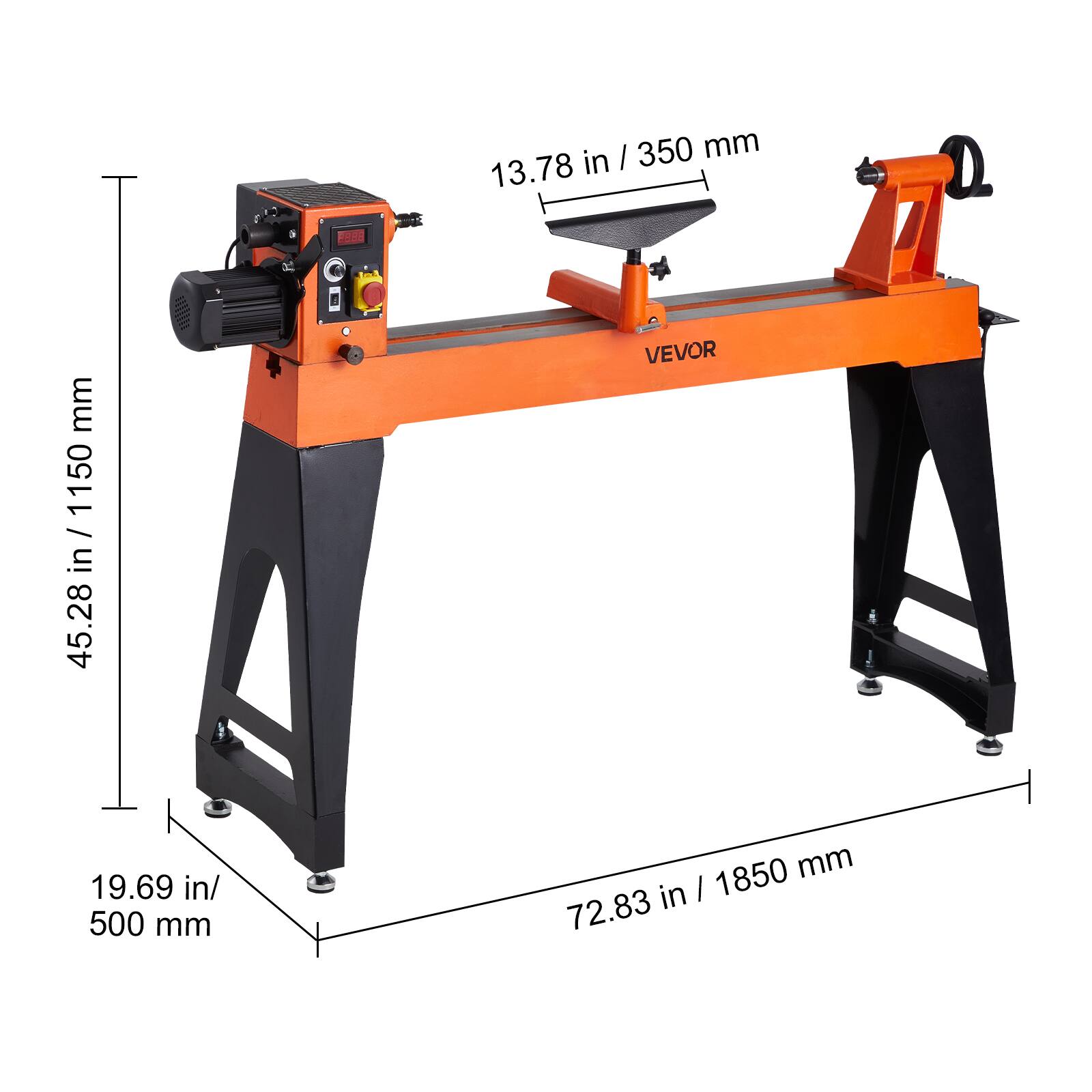 Sure, here is the corrected and grouped text:

- **Width:** 72.83 in / 1850 mm
- **Depth:** 19.69 in / 500 mm
- **Height:** 45.28 in / 1150 mm
- **Table Size:** 13.78 in / 350 mm