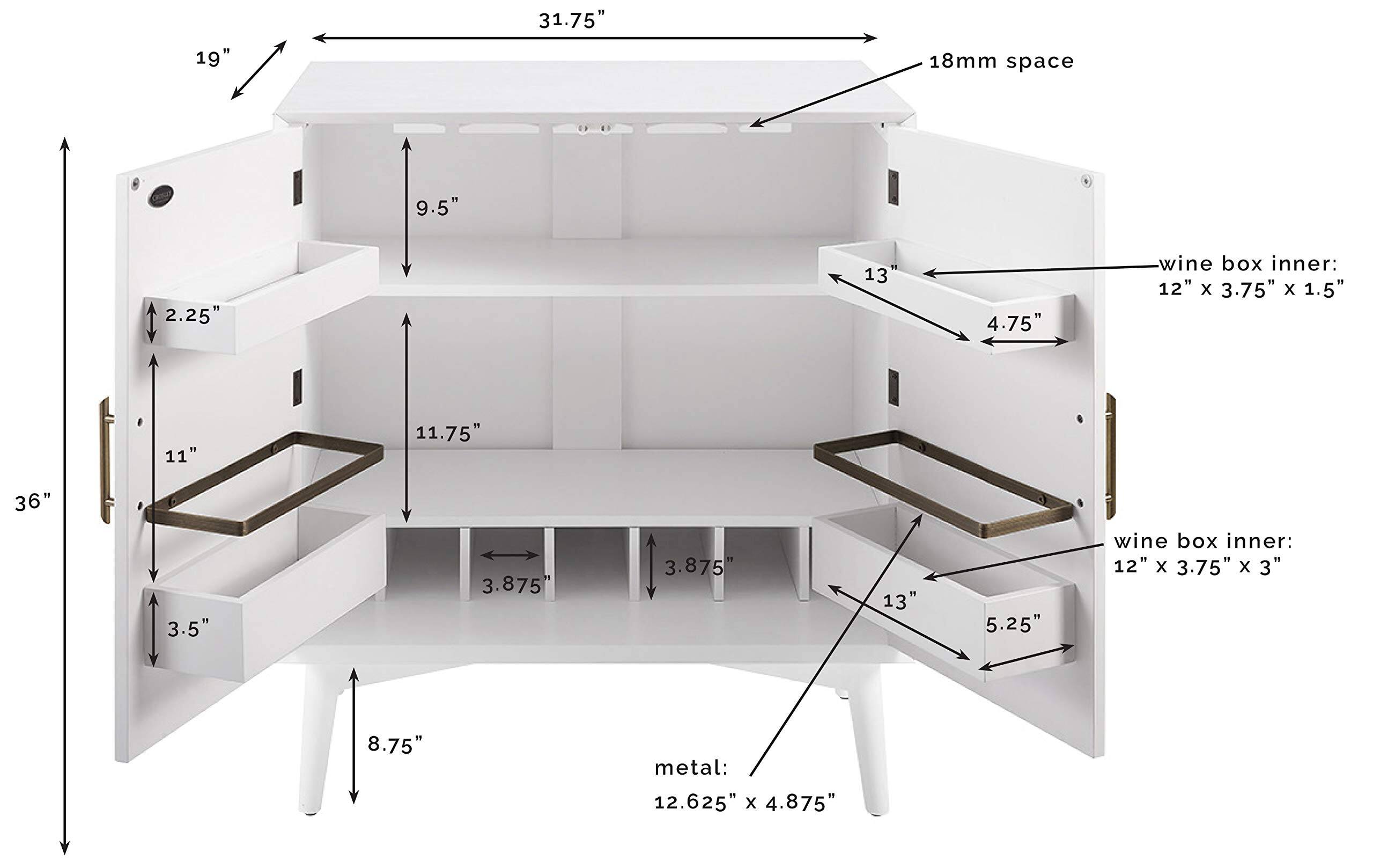 19" 31.75" 18mm space 9.5" 2.25" 13" 4.75" wine box inner: 12" x 3.75" x 1.5" 11" 11.75" 36" 3.5" 3.875" 3.875" 13" 5.25" wine box inner: 12" x 3.75" x 3" 8.75" metal: 12.625" x 4.875"