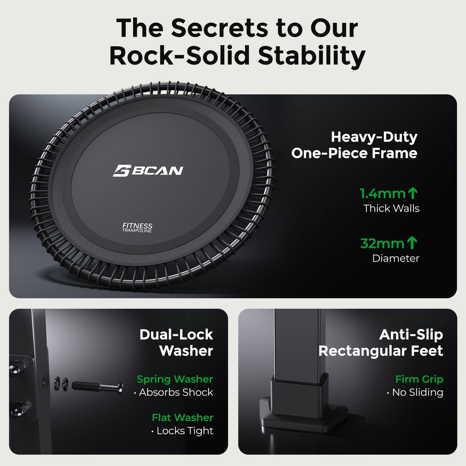 The Secrets to Our Rock-Solid Stability

- BCAN Heavy-Duty One-Piece Frame
  - 1.4mm Thick Walls
  - 32mm Diameter

- Dual-Lock Washer
  - Spring Washer: Absorbs Shock
  - Flat Washer: Locks Tight

- Anti-Slip Rectangular Feet
  - Firm Grip: No Sliding