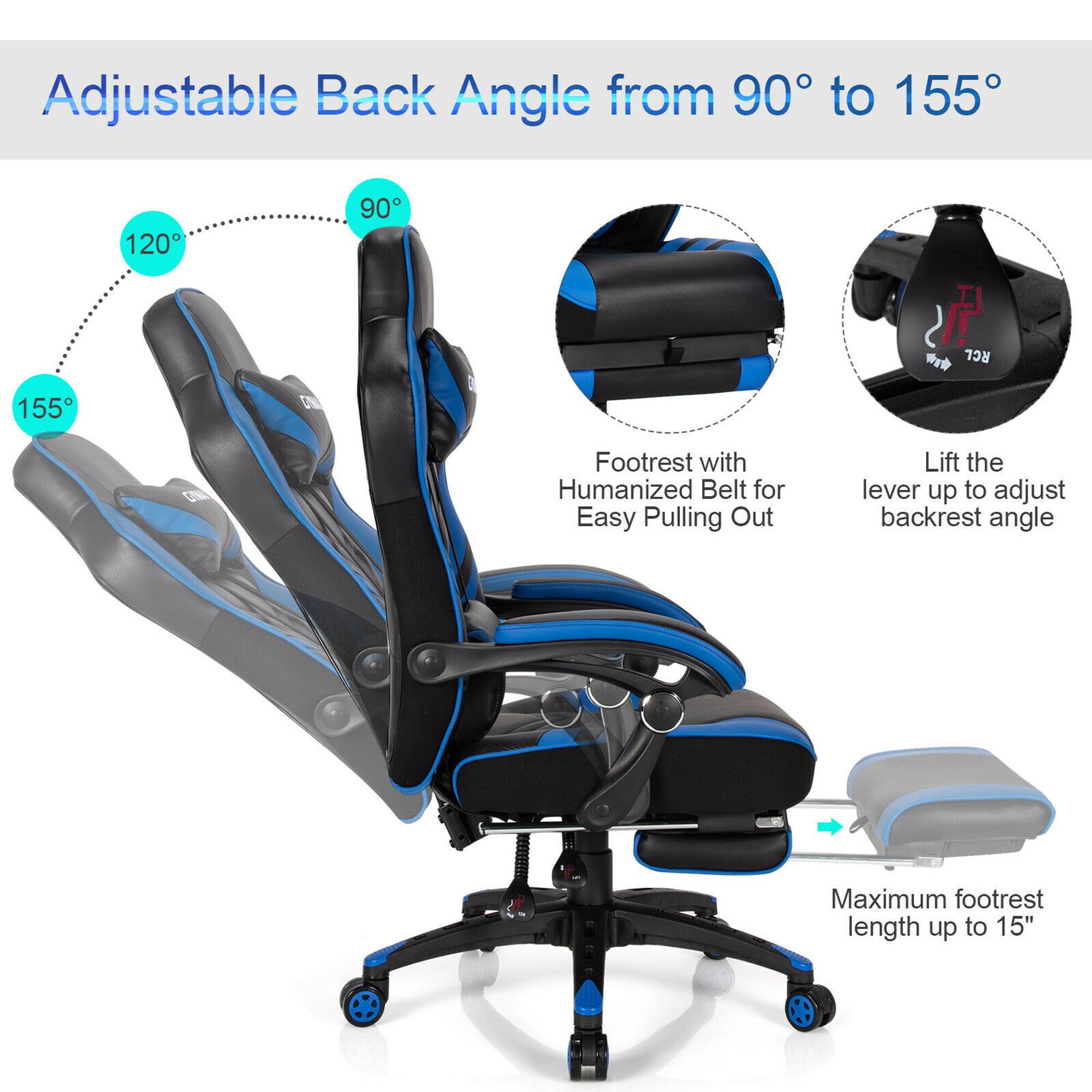 Adjustable Back Angle from 90 to 155 degrees. The chair comes with a RCL Footrest with a Humanized Belt for easy pulling out. Lift the lever up to adjust the backrest angle. The maximum footrest length is up to 15 inches.