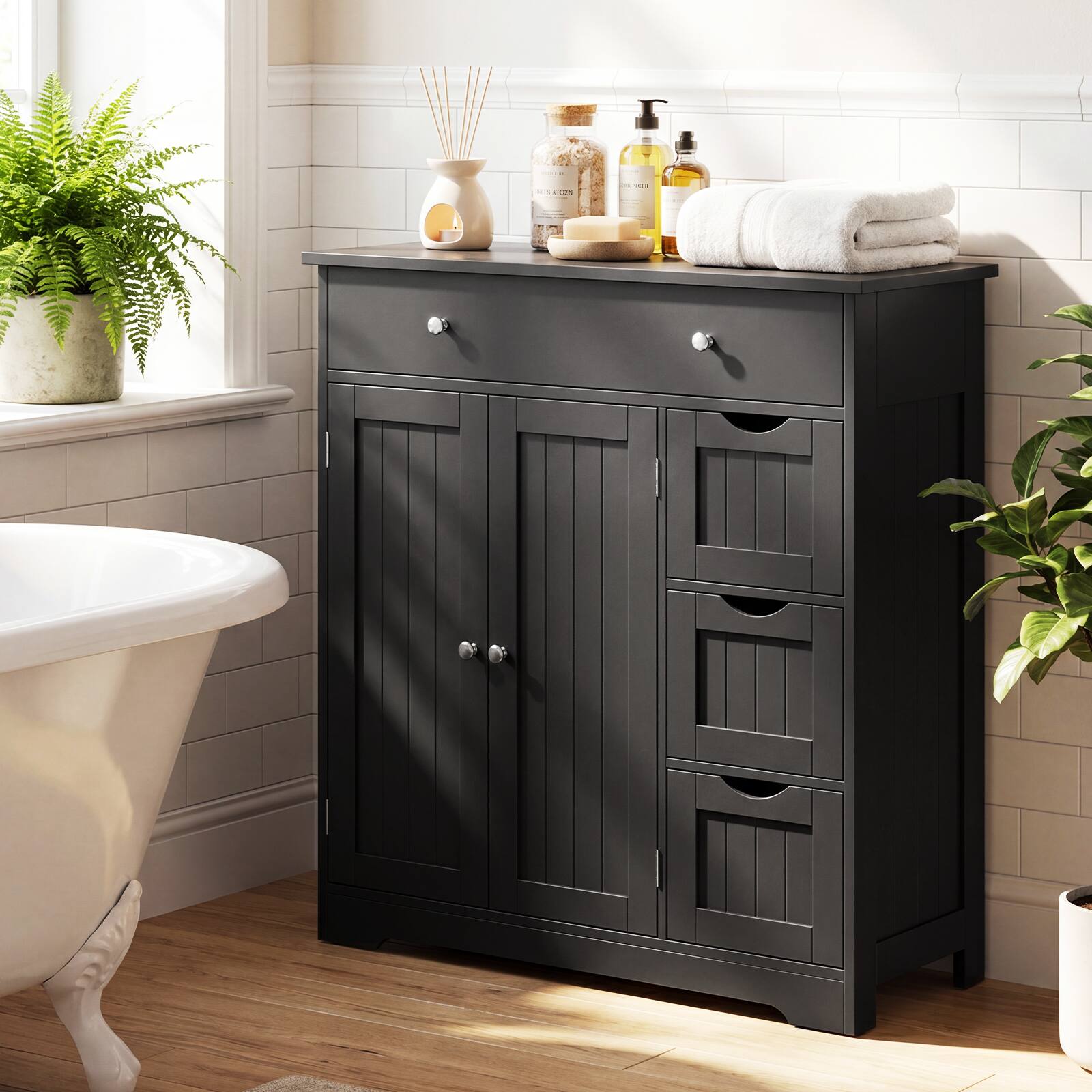 Alt View 4. Gymax - Gymax Bathroom Floor Cabinet Storage Cabinet w/4 Drawers2 Doors&Adjustable Shelf Black - Black.