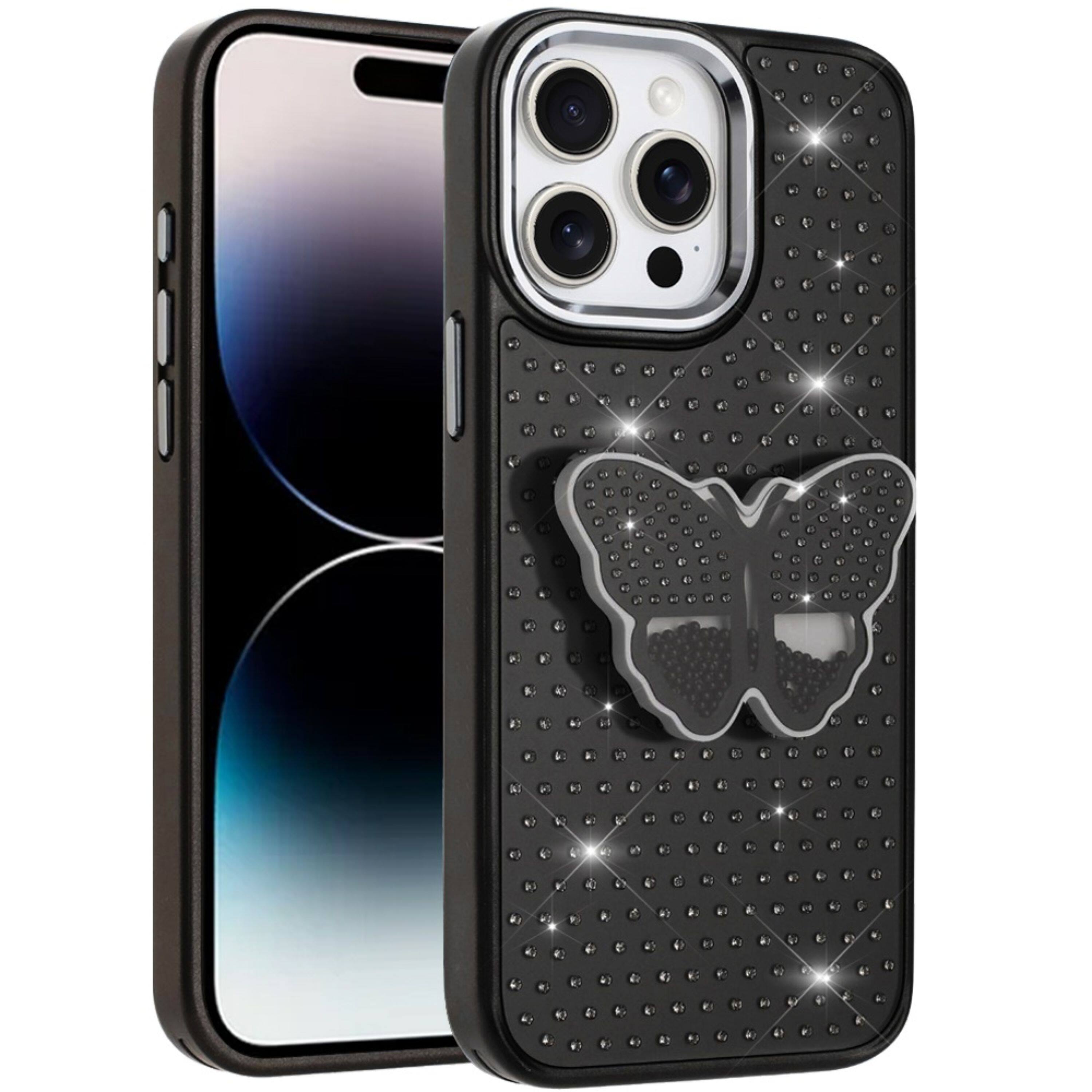 Angle. Kitcheniva - Butterfly Crystal Grip Stand Case For iPhone 14 Pro Max Black - Black.