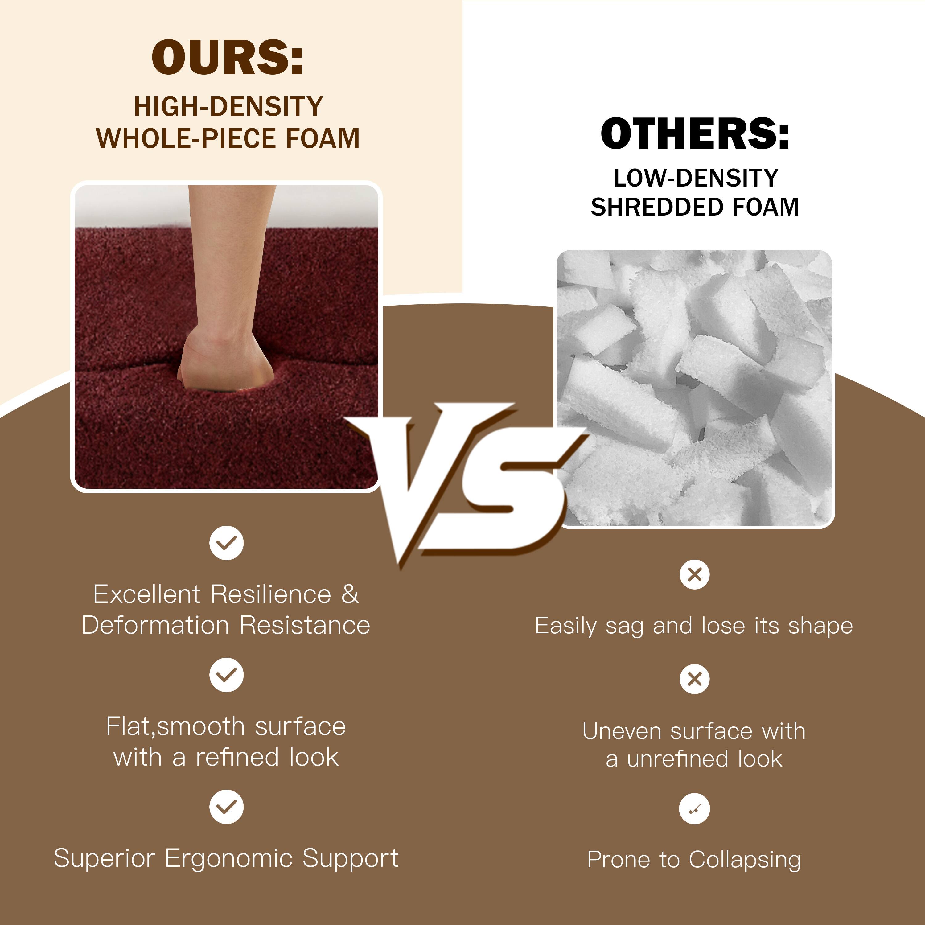 **OURS: HIGH-DENSITY WHOLE-PIECE FOAM**

- Excellent Resilience & Deformation Resistance
- Flat, smooth surface with a refined look
- Superior Ergonomic Support

**OTHERS: LOW-DENSITY SHREDDED FOAM**

- Easily sag and lose its shape
- Uneven surface with an unrefined look
- Prone to Collapsing