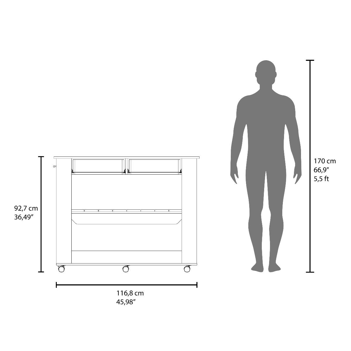 170 cm 66,9" 5,5 ft  
92,7 cm 36,49"  
116,8 cm 45,98"