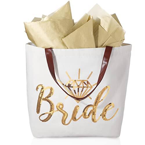 Front. DORLUKFU - Wedding Bride Tote Bag Bride to Be Gifts for Bridal Shower with 4 Sheets Shower Wrapping Paper Wedding Party, - Bride.