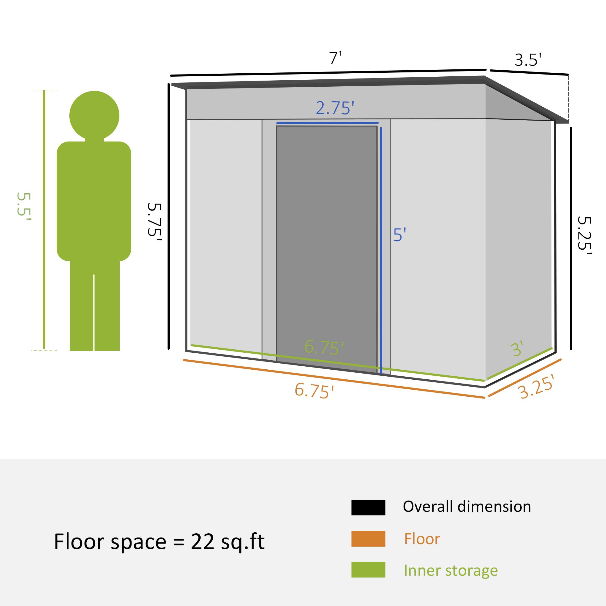 Overall dimension: 7', 3.5', 2.75', 5.5', 5.75', 5', 5.25', 6.75', 3', 3.25'

Floor space: 22 sq.ft

Floor: 2.75'

Inner storage: 6.75'