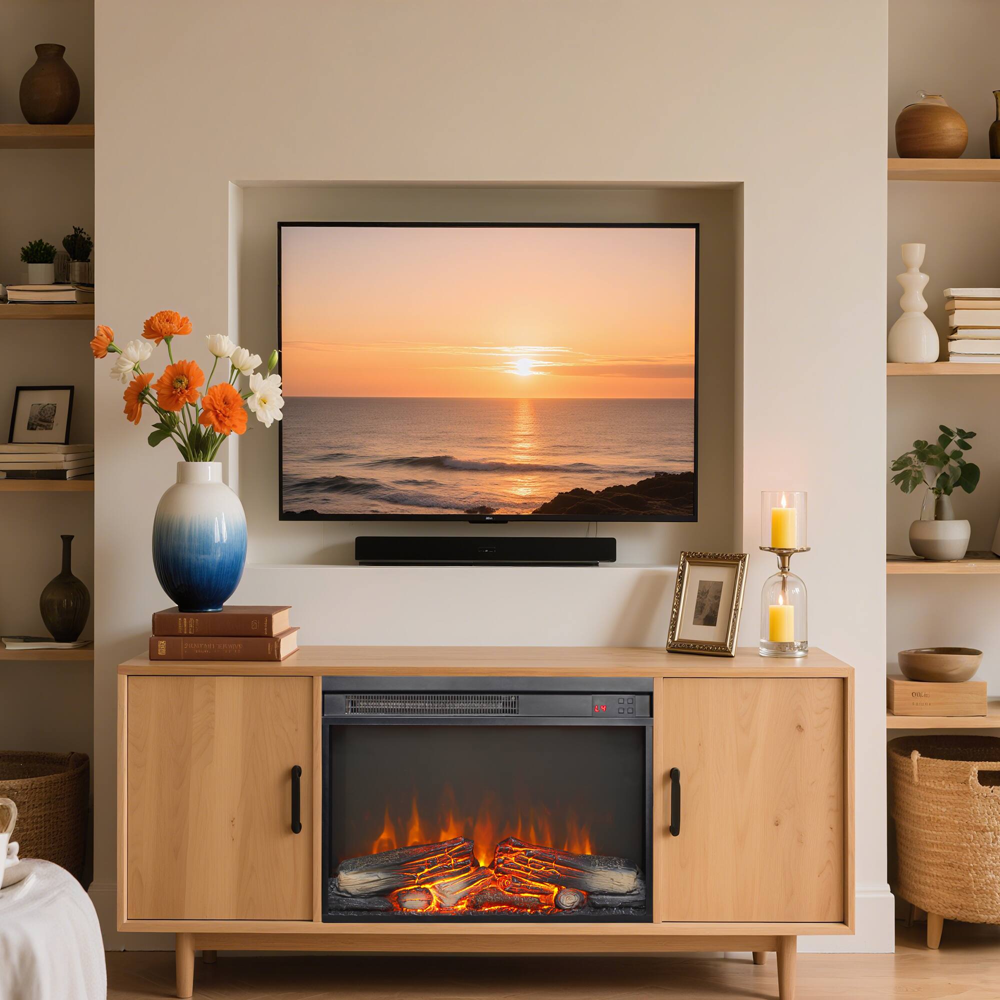 Alt View 7. Ecooso - 23 inch Electric Fireplace Insert, Ultra Thin Wall Heater with Log Set and Realistic Flame - Antique Black.