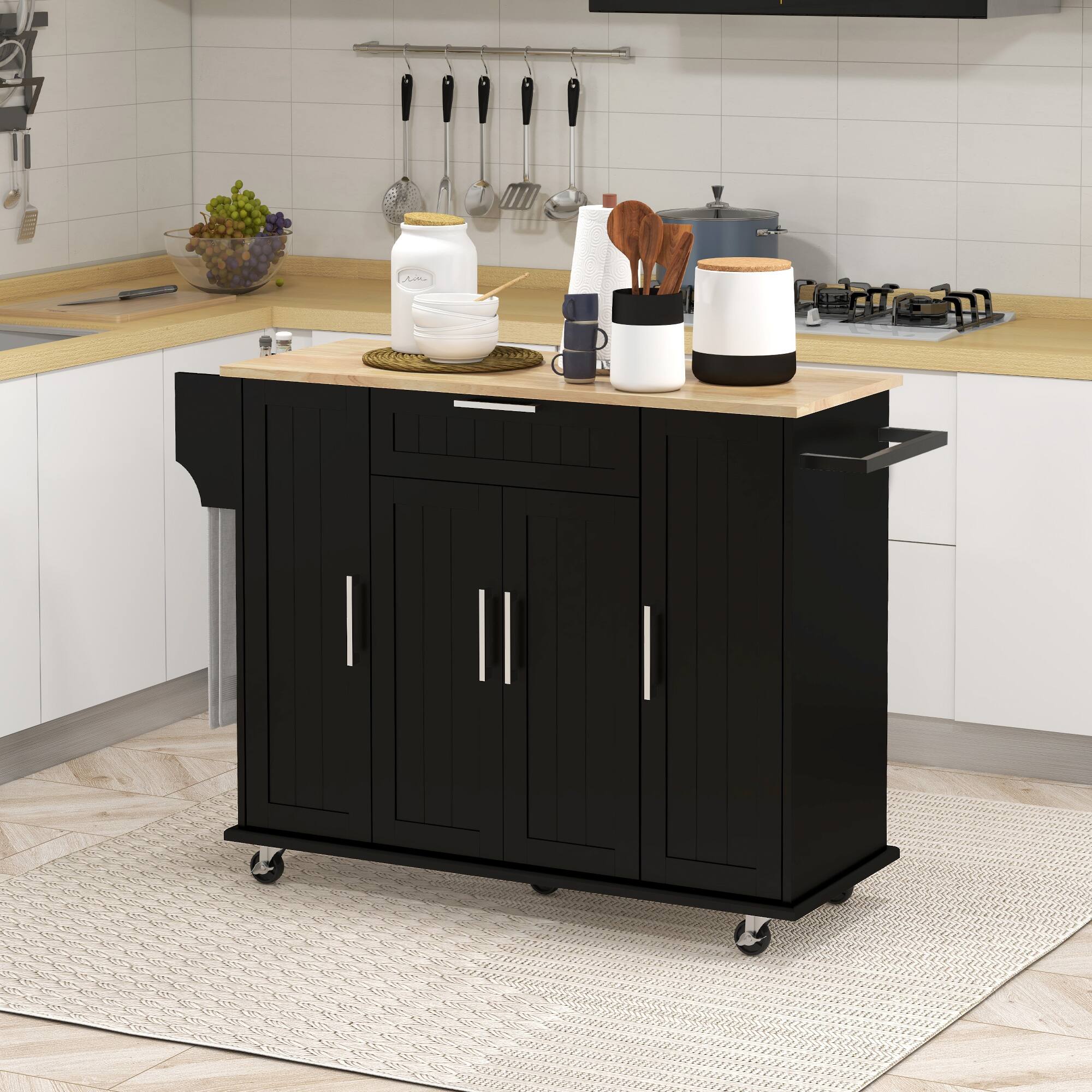 Alt View 1. Homcom - Kitchen Island on Wheels, Rolling Cart with Rubberwood Top, Drawer, Spice Rack, Towel Rack & Storage Cabinet - black.