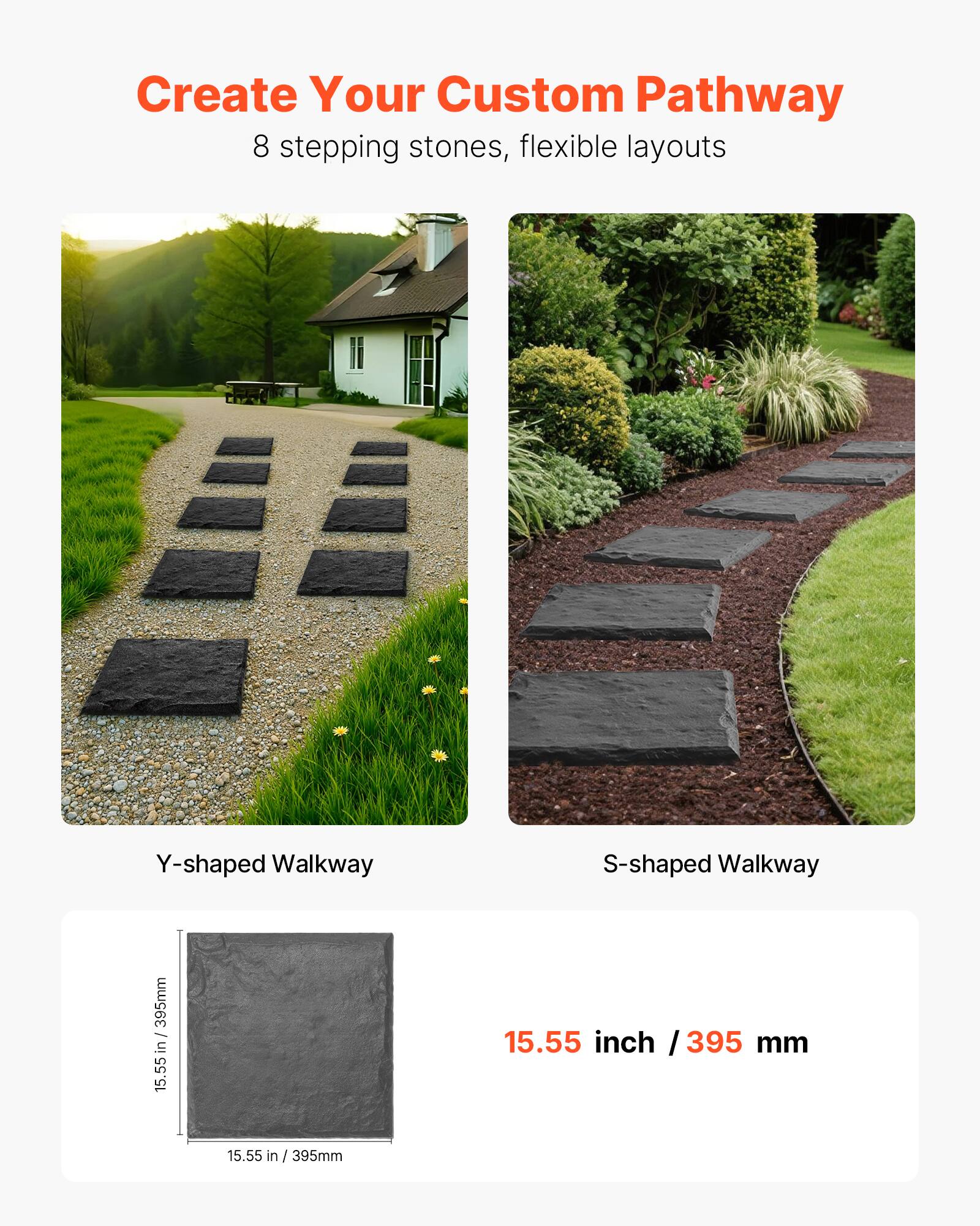 Create Your Custom Pathway, 8 stepping stones, flexible layouts, Y-shaped Walkway, S-shaped Walkway, 15.55 inch / 395 mm, 15.55 inch / 395 mm