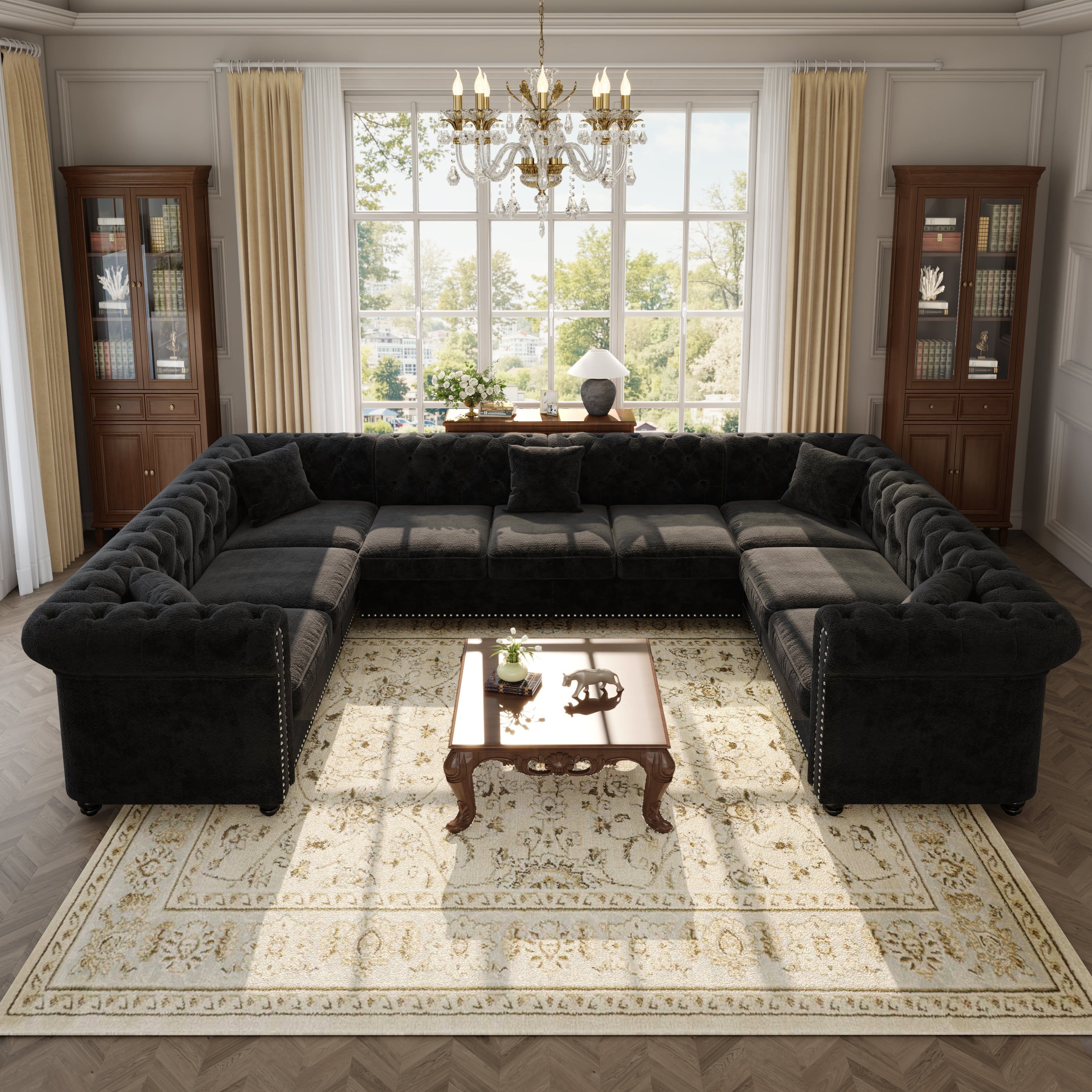 Anysun - 134.6" U-Shaped Chesterfield Tufted Sectional Sofa with Rolled Arms & Nailhead Trim – Chenille Deep Seat Sofa Couch - Black