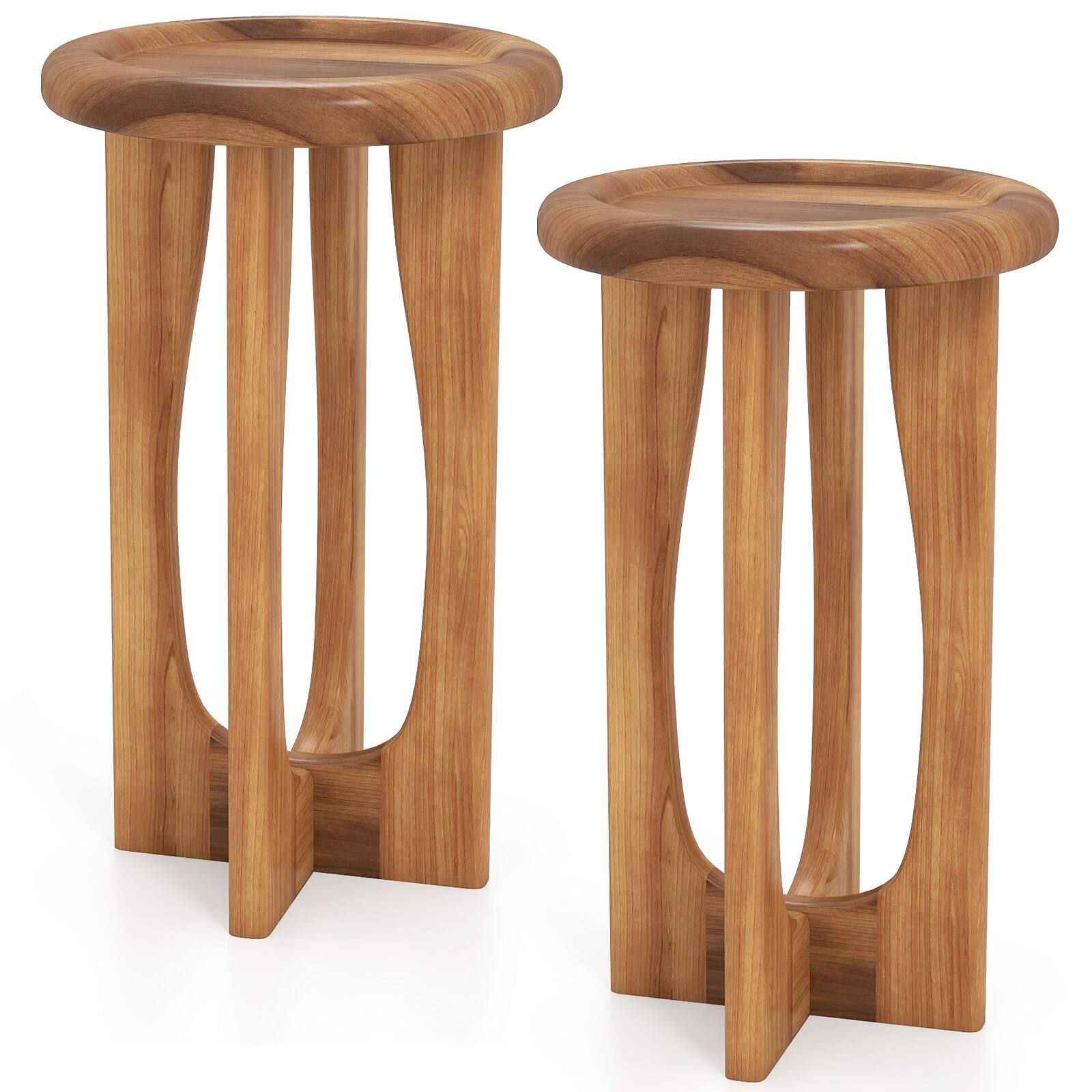 Alt View 9. Gymax - Gymax 2PCS 14'' Round Mahogany Accent Table Farmhouse End Table w/ Round Tray Top - Yellow.