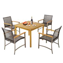 Gymax - 5 PCS Patio Dining Set Acacia Wood Table w/ 1.9'' Umbrella Hole Wicker Armchairs - Natural, Mix Brown