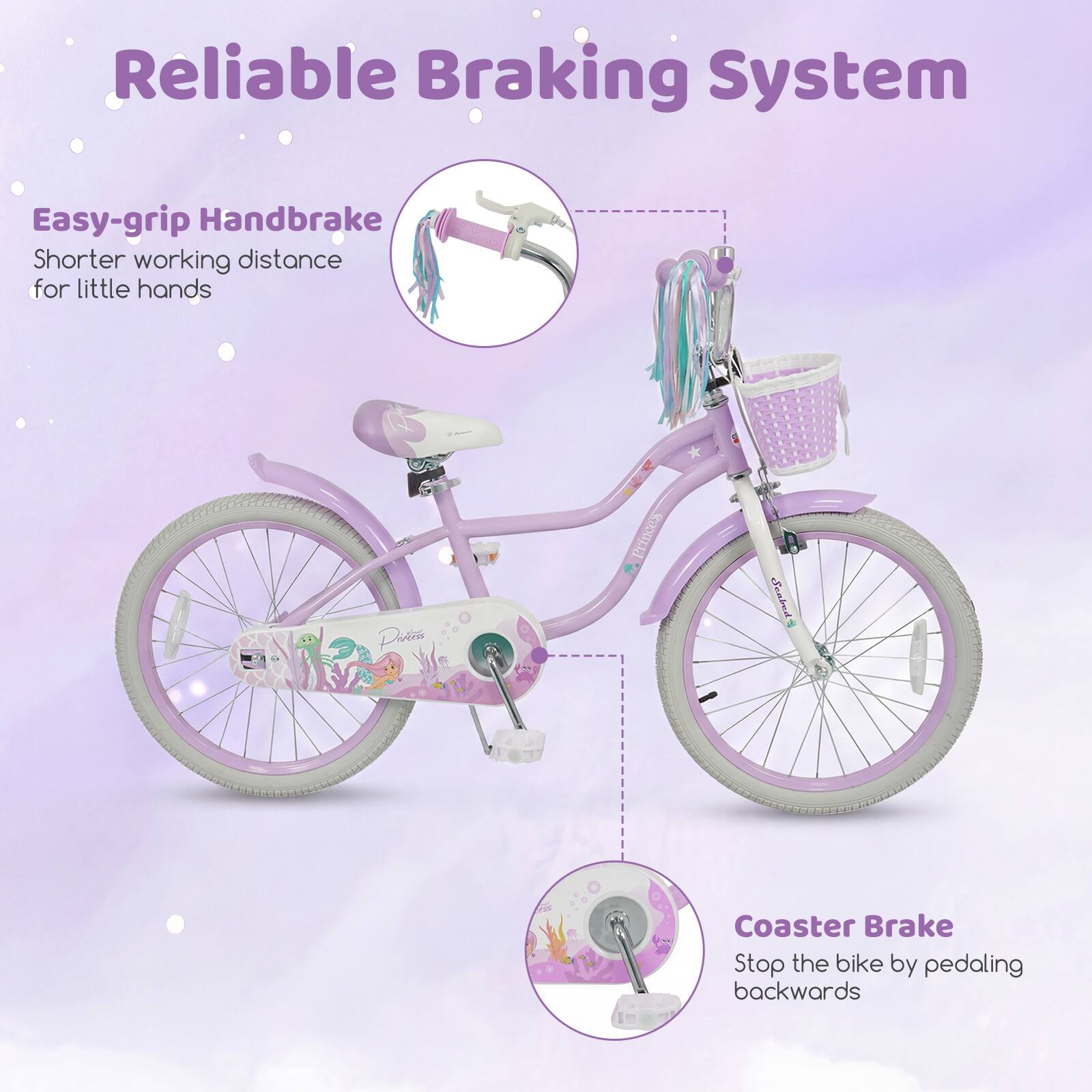 Reliable Braking System

Easy-grip Handbrake  
Shorter working distance for little hands

Coaster Brake  
Stop the bike by pedaling backwards