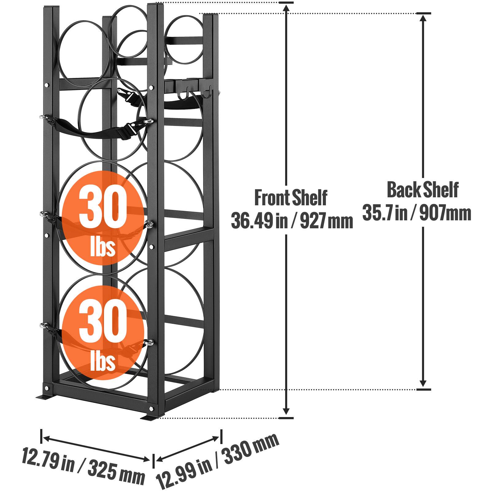 30 lbs Front Shelf  
36.49 in / 927 mm  

30 lbs Back Shelf  
35.7 in / 907 mm  

12.79 in / 325 mm  
12.99 in / 330 mm