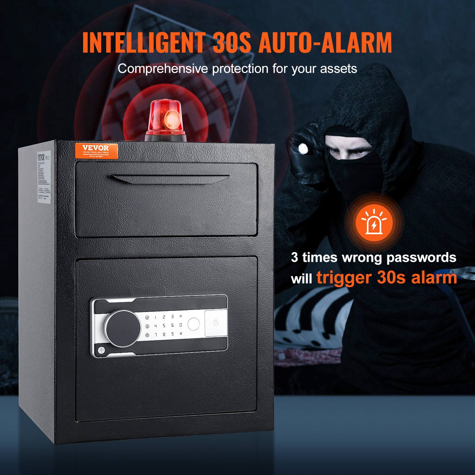 INTELLIGENT 30S AUTO-ALARM  
Comprehensive protection for your assets  

3 times wrong passwords will trigger 30s alarm