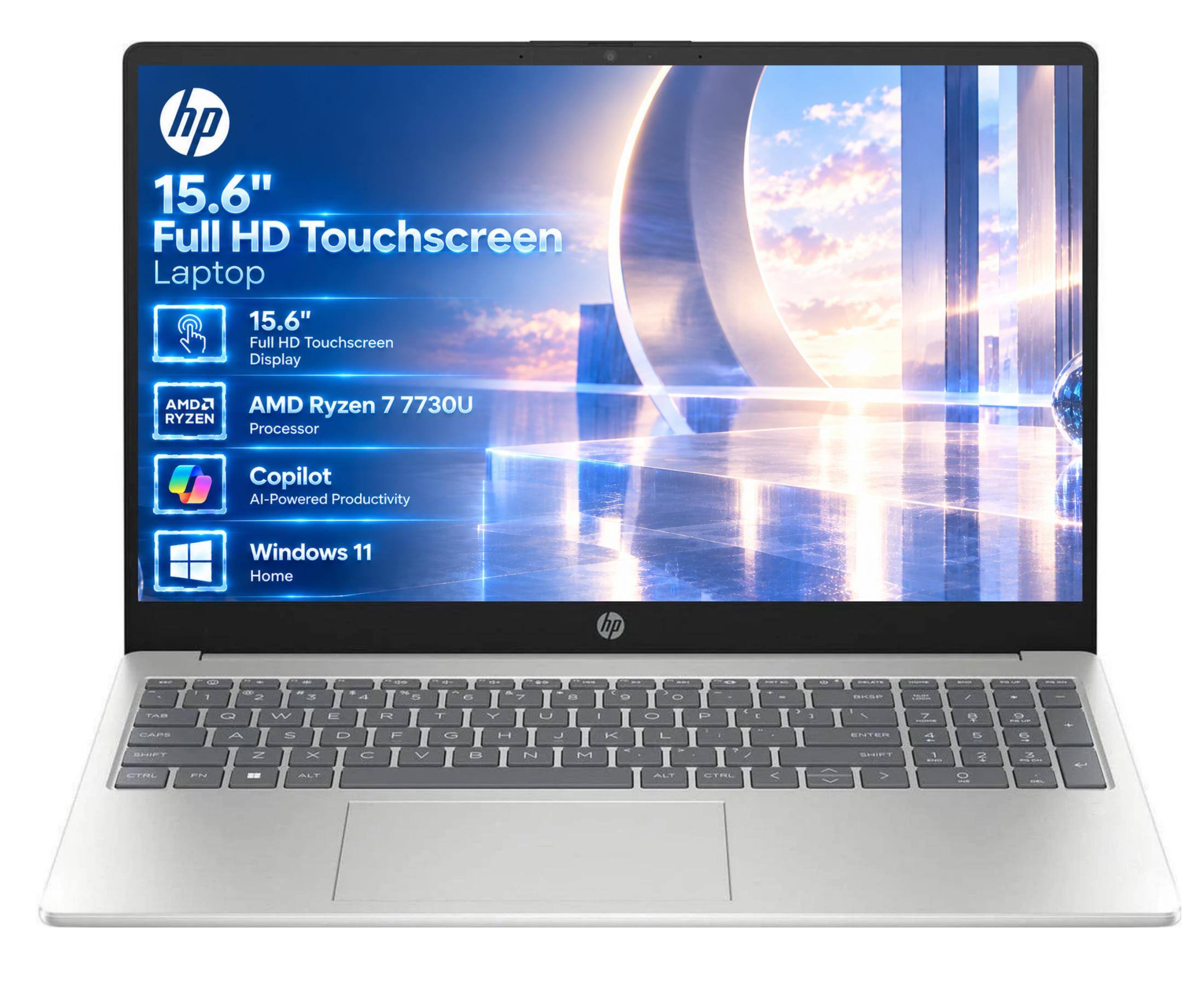 hp 15.6" Full HD Touchscreen Laptop  
15.6" Full HD Touchscreen Display  
AMD Ryzen 7 7730U Processor  
Copilot AI-Powered Productivity  
Windows 11 Home