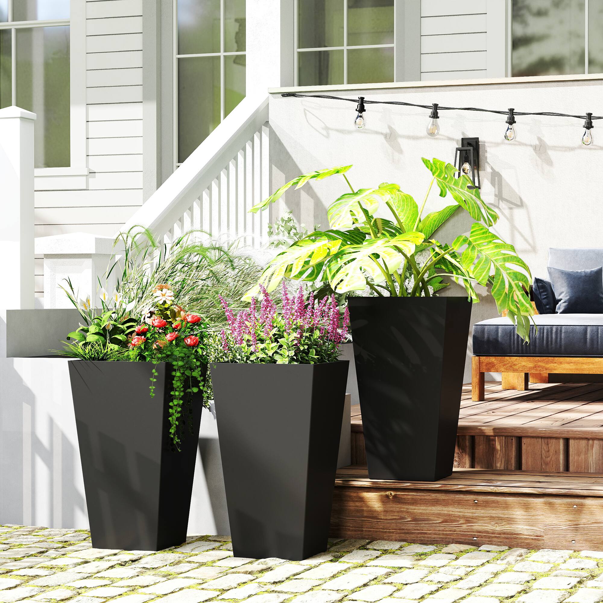 Alt View 1. Outsunny - Tall Planters for Outdoor Plants Set of 3, 28 In Taper Planters with Drainage Holes, Indoor Grande Plant Pots - Black.