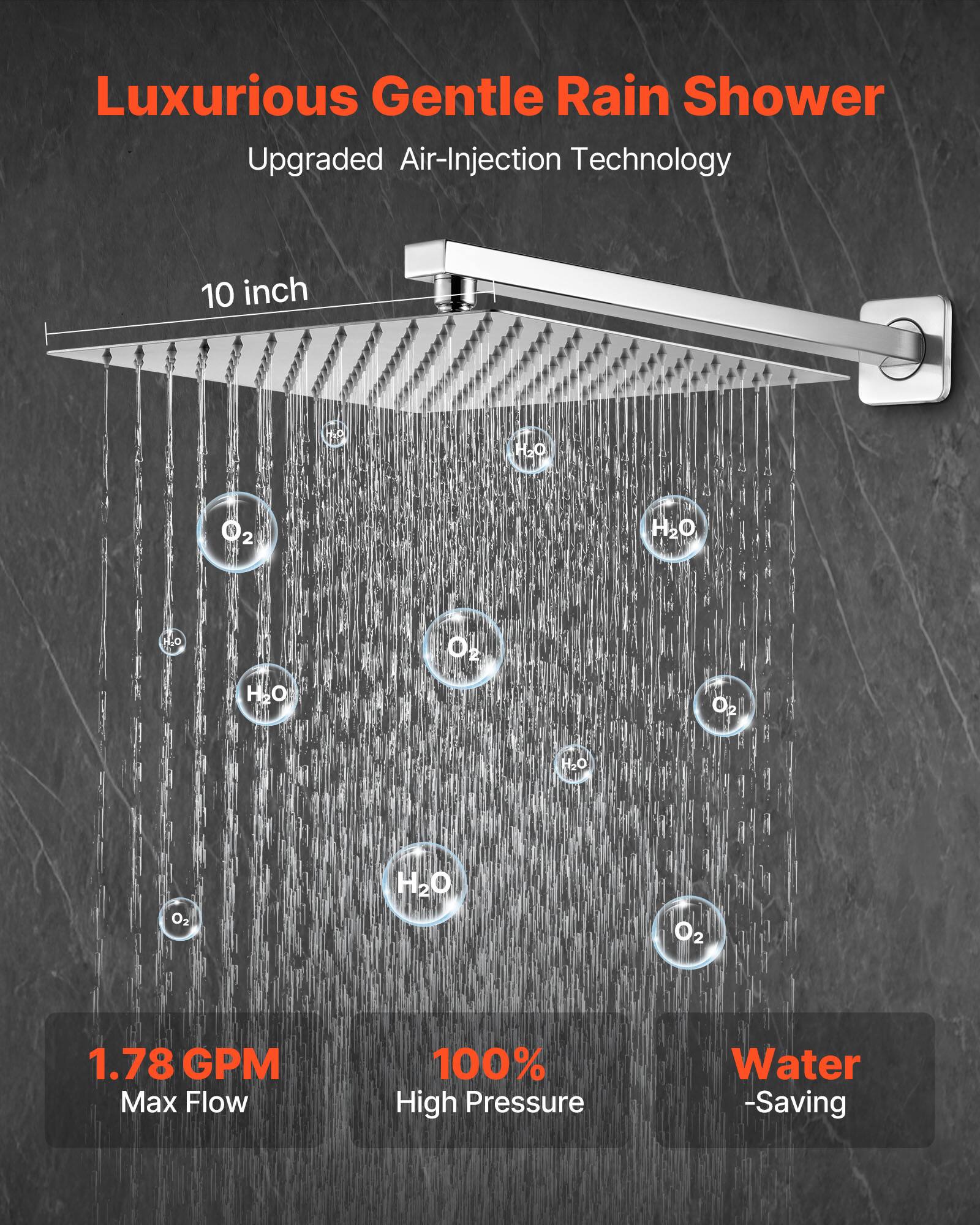 Luxurious Gentle Rain Shower, Upgraded Air-Injection Technology, 10 inch, 1.78 GPM Max Flow, 100% High Pressure, Water -Saving