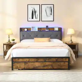 LUCKY ONE - King Size Bed Frame with Upholstered Headboard, LED Lights, USB Charging Station, 2 Drawers, No Box Spring Needed - Brown+Gray