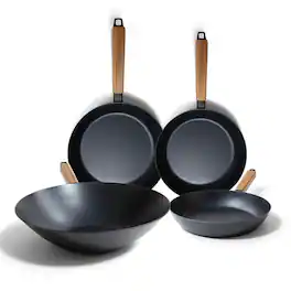Alva - Forest Carbon Steel Frying Pan 4-Piece Set - Acacia Wood Handle, Pre-Seasoned and Toxin-Free Cookware - Blue