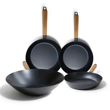 Front. Alva - Alva Forest Carbon Steel Frying Pan 4-Piece Set - Acacia Wood Handle, Pre-Seasoned and Toxin-Free Cookware - Blue.
