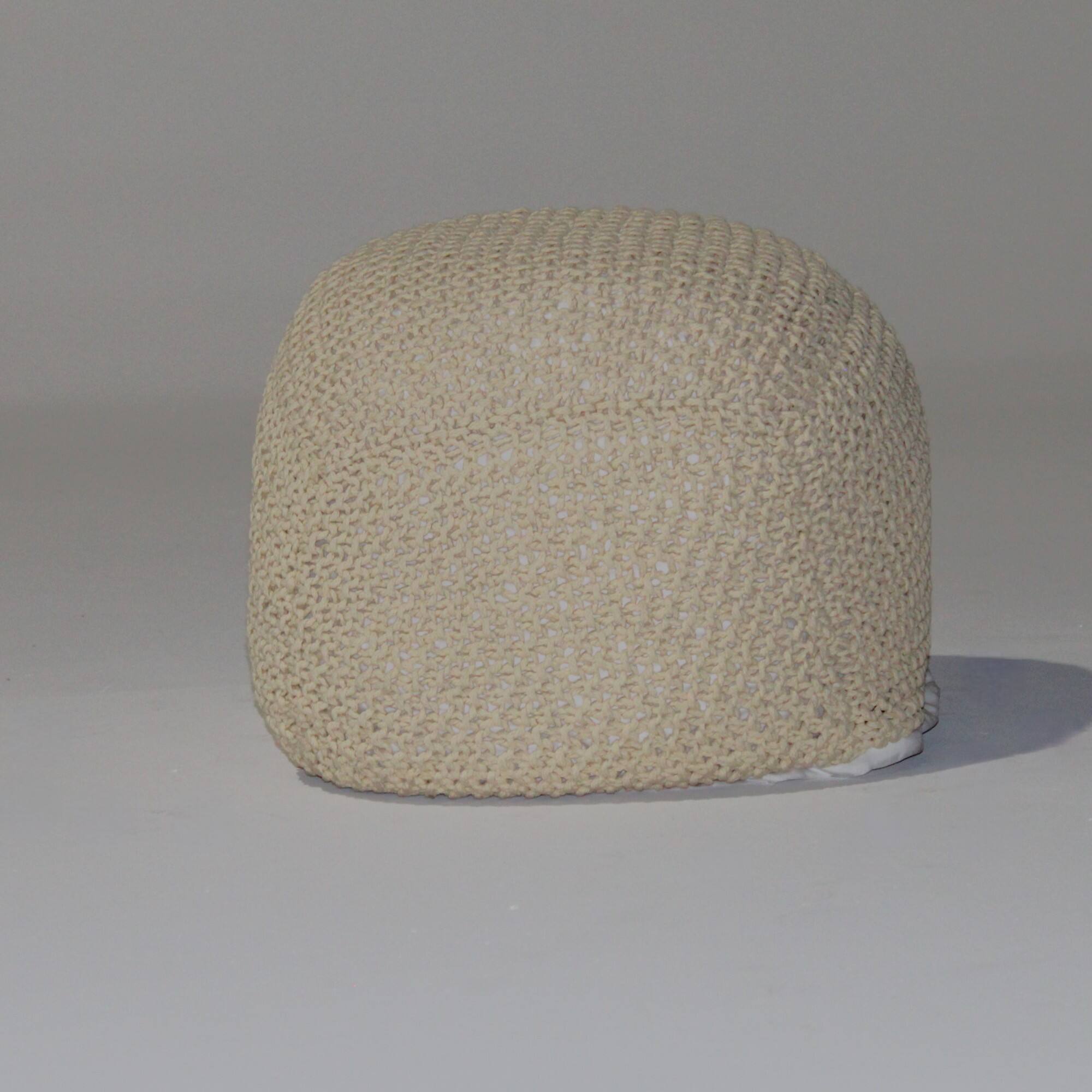 Alt View 1. GOODSILO - Handmade Cable Knit Semi-Rounded Pouf - Versatile Footrest and Seating for Living Spaces - Soft Cotton Fabric - Beige.