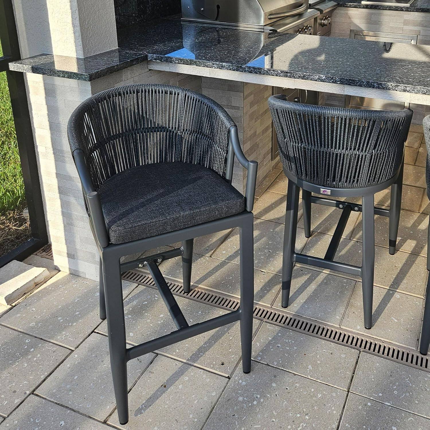 Alt View 3. PURPLE LEAF - Patio Counter Height Set of 2 Outdoor Rattan Chairs with Back Modern Aluminum Woven Barstools for Garden Indoor Kitchen - Grey-Counter Stool.