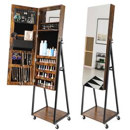 Oumilen - Rolling Jewelry Armoire with Full-Length Mirror & Lockable Storage - Brown