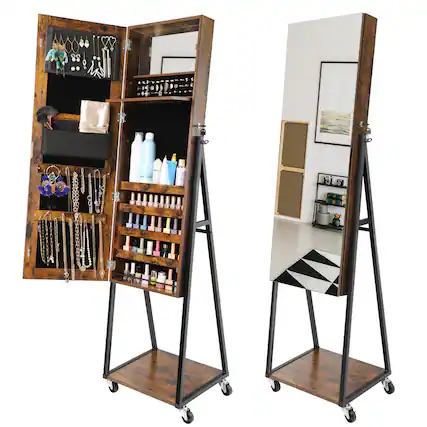 Front. Oumilen - Rolling Jewelry Armoire with Full-Length Mirror & Lockable Storage - Brown.