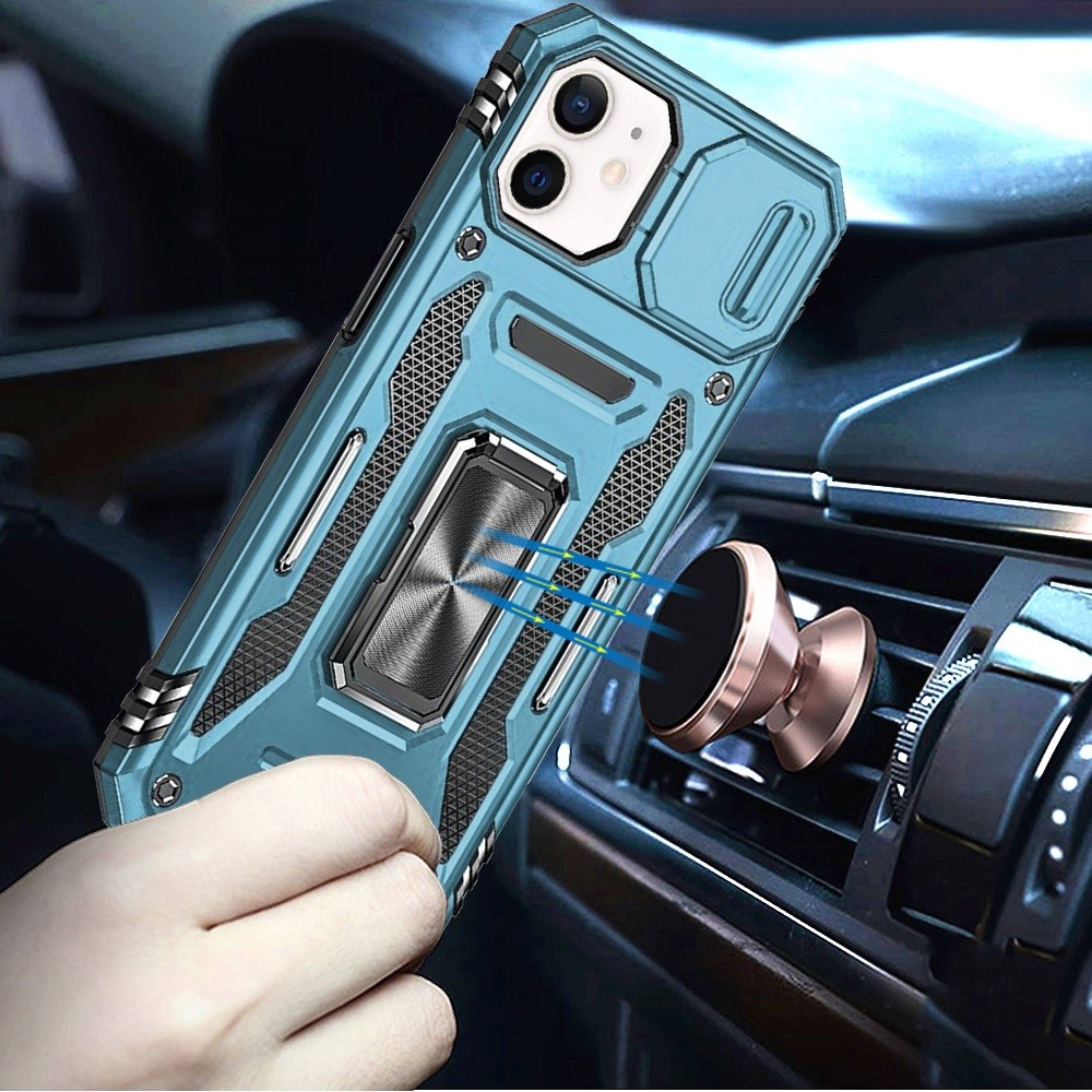Angle. Kitcheniva - Dual Layer Shockproof Sliding Lens Cover Magnetic Ring Stand Phone Case With Tempered Glass For iPhone 12/12 Pro Light B - Light Blue.