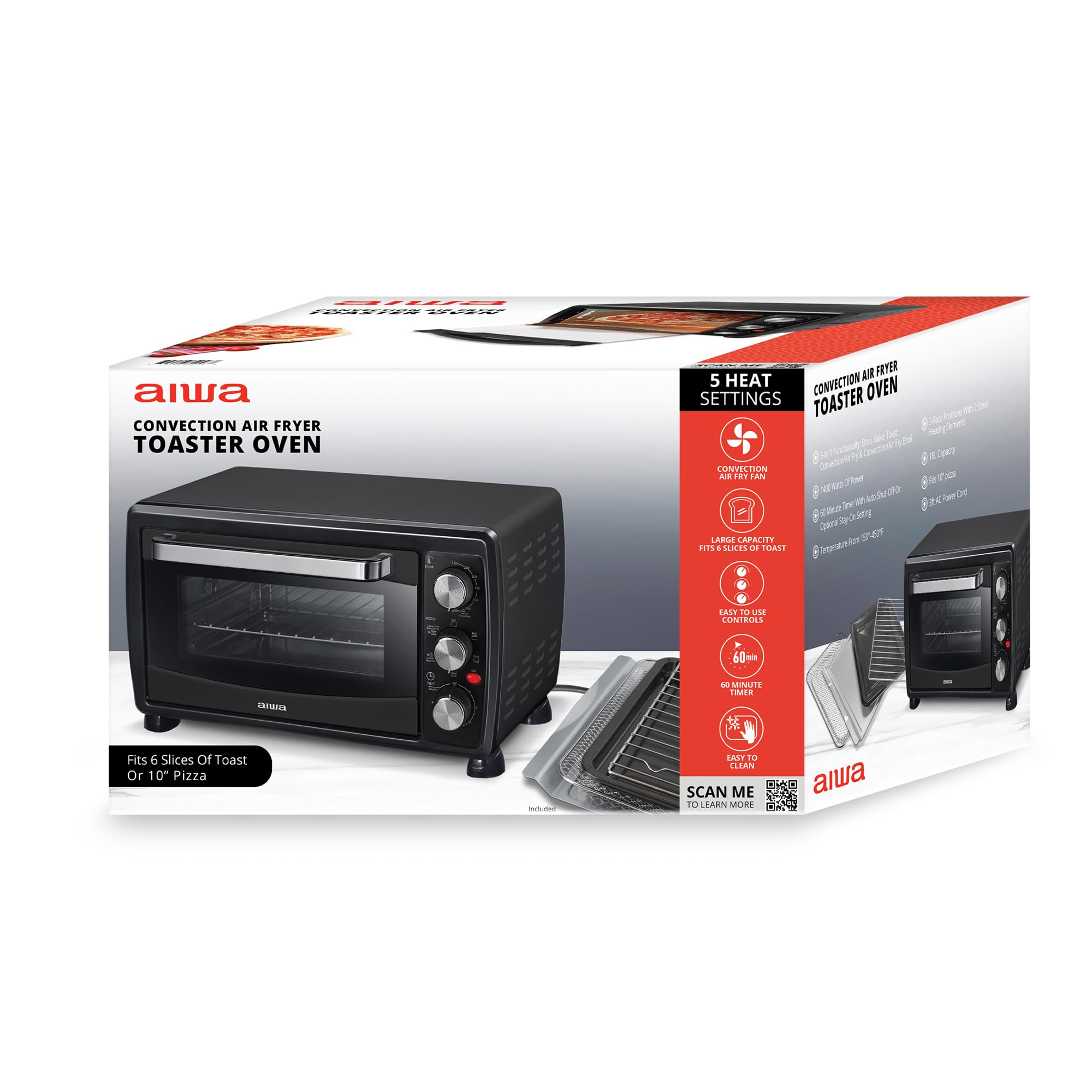 alwa CONVECTION AIR FRYER TOASTER OVEN

5 HEAT CONVECTION SETTINGS

TOASTER OVEN

Fits 6 Slices Of Toast Or 10" Pizza

SCAN ME TO LEARN MORE