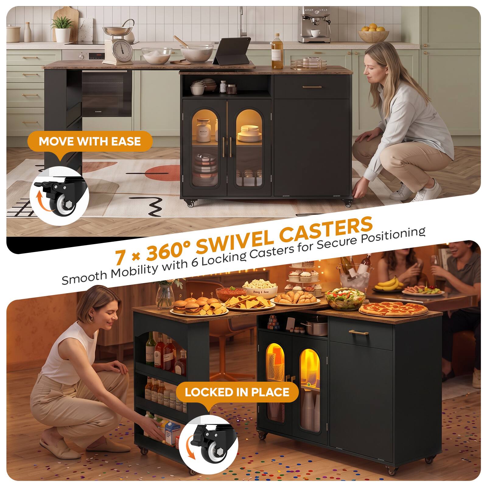 MOVE WITH EASE

7 x 360° SWIVEL CASTERS for Secure Positioning
Smooth Mobility with 6 Locking Casters

LOCKED IN PLACE