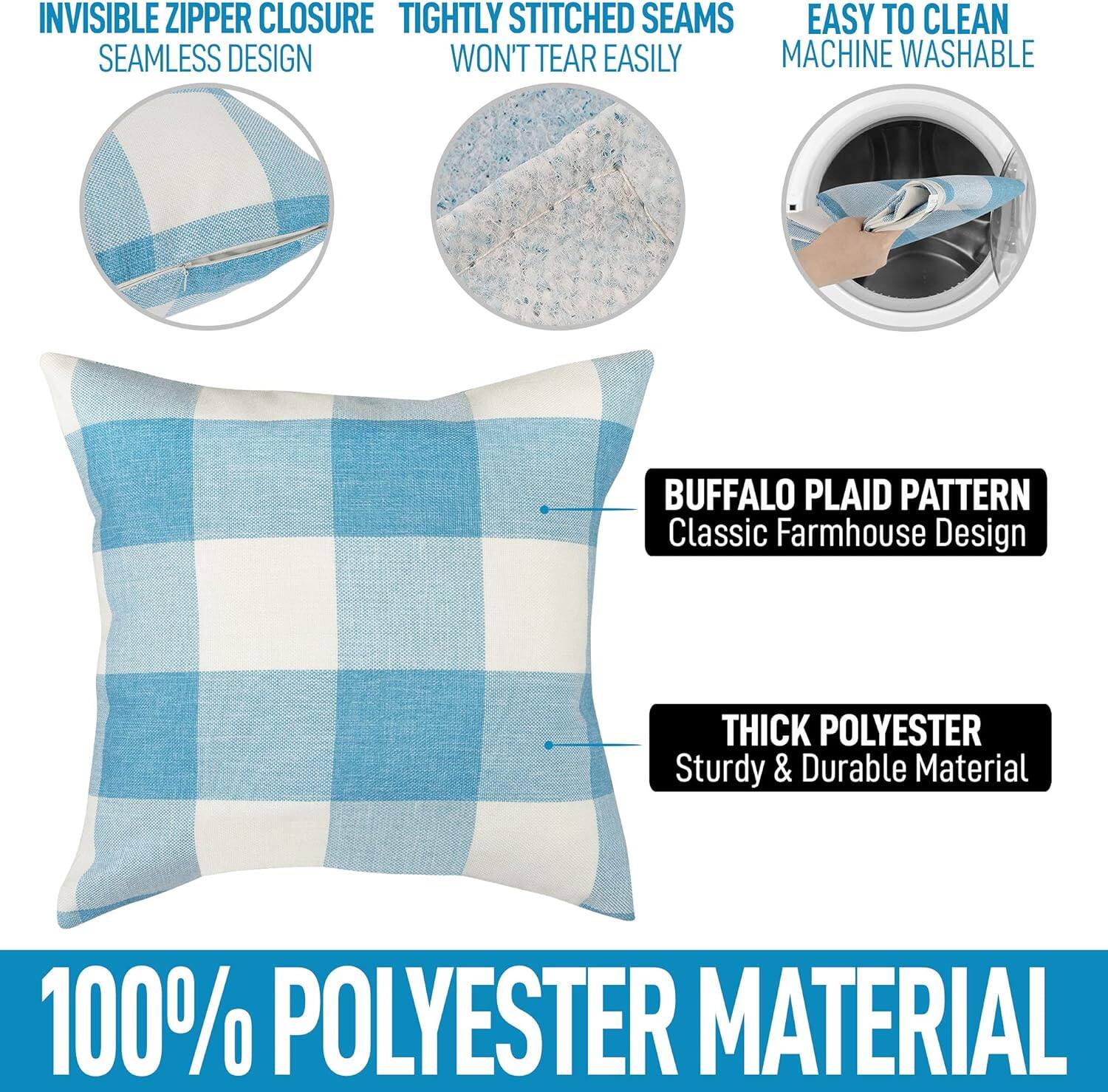 - Invisible Zipper Closure
- Seamless Design
- Tightly Stitched Seams
- Won't Tear Easily
- Easy to Clean
- Machine Washable
- Buffalo Plaid Pattern
- Classic Farmhouse Design
- Thick Polyester
- Sturdy & Durable Material
- 100% Polyester Material